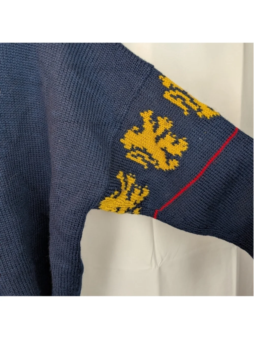 Handmade Wool Navy Cardigan with Yellow Lion Accents Size L In VGUC